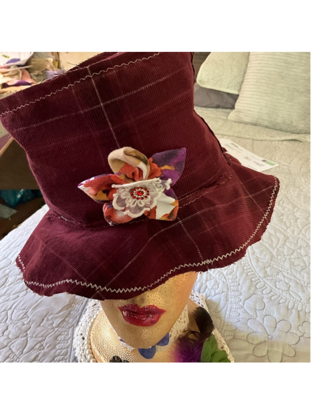 Hemingway Bucket Top Hat Maroon Corduroy Handmade Medium Large